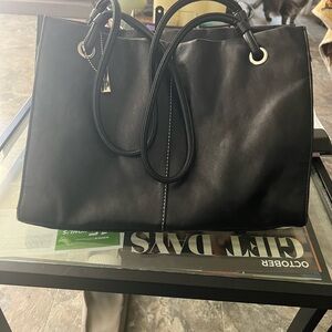 Leather Sag Harbor Side Zip Briefcase/Tote Black with White Stitching